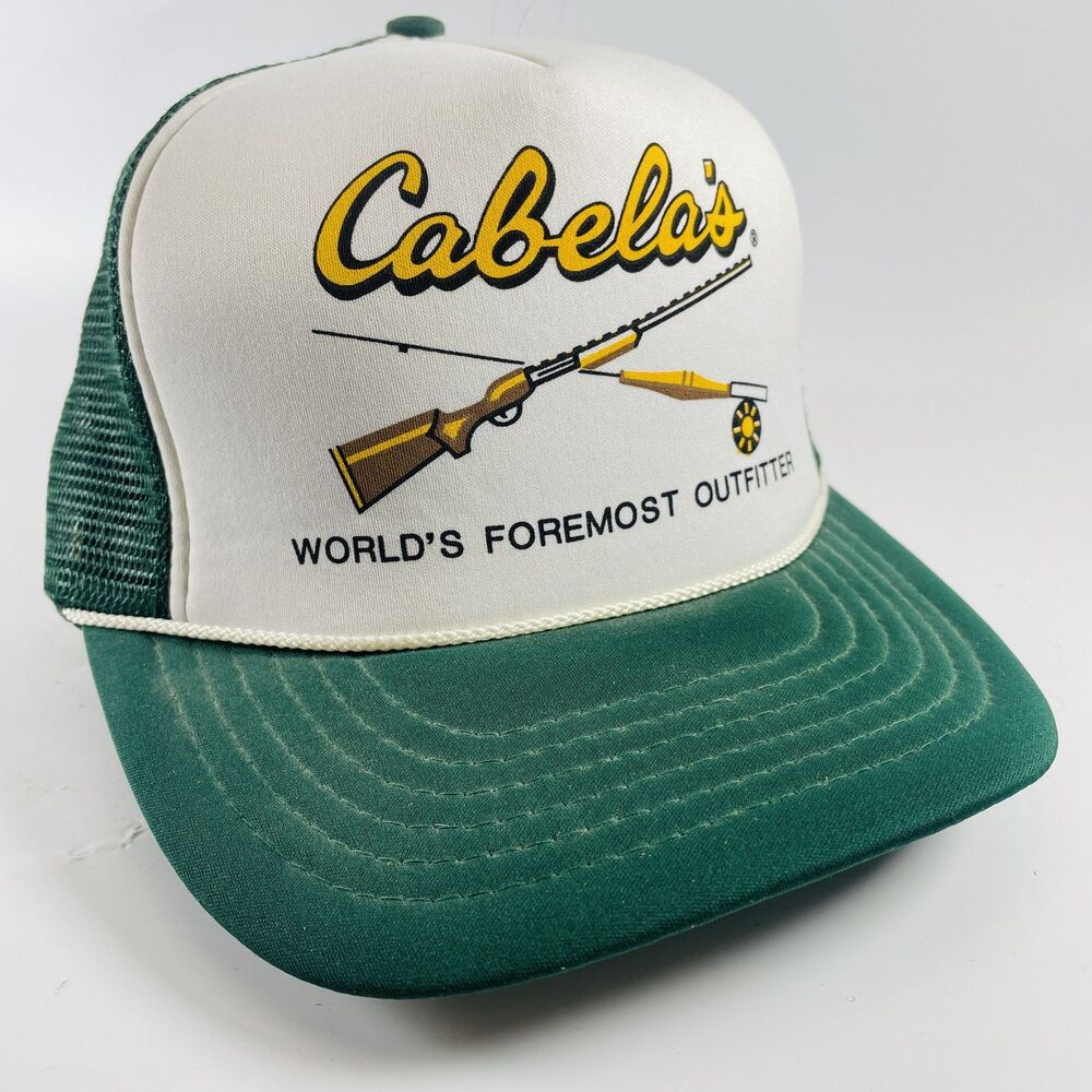 Cabela's Logo Hat Men's Snapback Green White Vintage Trucker Cap Mesh Hunt Fish